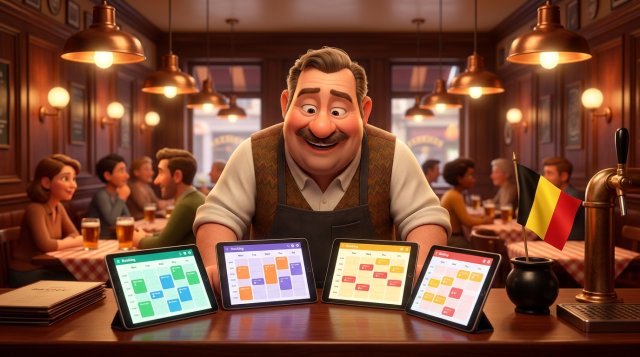 Restaurateur belge comparant plusieurs tablettes affichant des agendas de réservation dans une brasserie bruxelloise chaleureuse