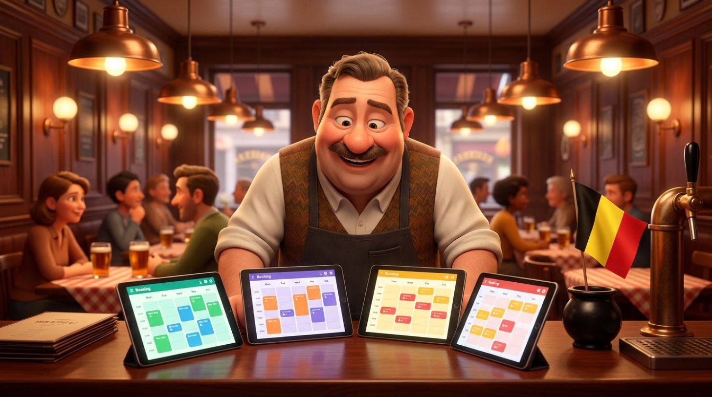 Restaurateur belge comparant plusieurs tablettes affichant des agendas de réservation dans une brasserie bruxelloise chaleureuse