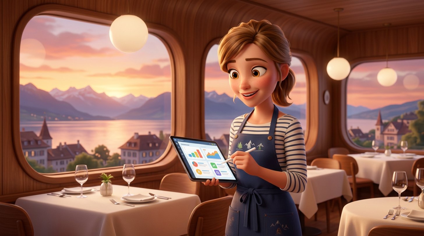 Restauratrice romande comparant des systèmes de réservation sur sa tablette dans une salle de restaurant avec vue sur le lac Léman et les Alpes