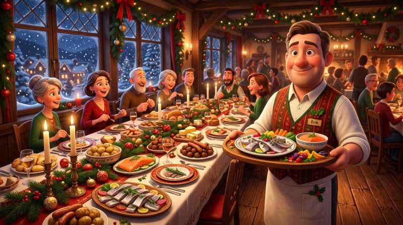 Festligt dukat julbord i en restaurangmatsal med servitör i förgrunden och snöfall utanför fönstret
