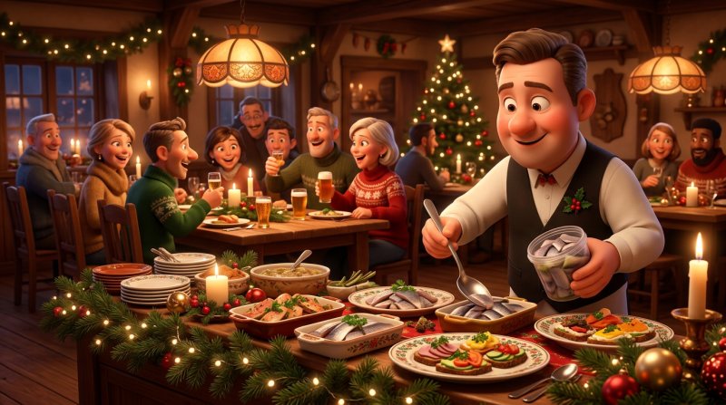 Illustration af en dansk julefrokostbuffet i restaurantmiljø, hvor en tjener fylder små serveringsfade op, med gran og levende lys som pynt