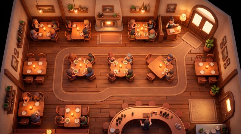 Ilustrasi 3D denah ruang makan restoran dilihat dari atas dengan meja berbagai ukuran, sebagian terisi tamu dan sebagian kosong