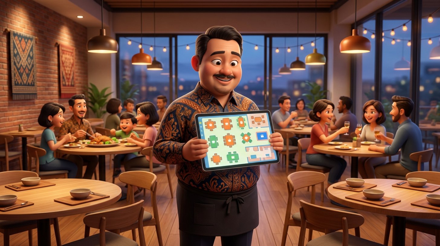 Ilustrasi 3D seorang manajer restoran memegang tablet berisi denah meja digital di tengah ruang makan yang ramai
