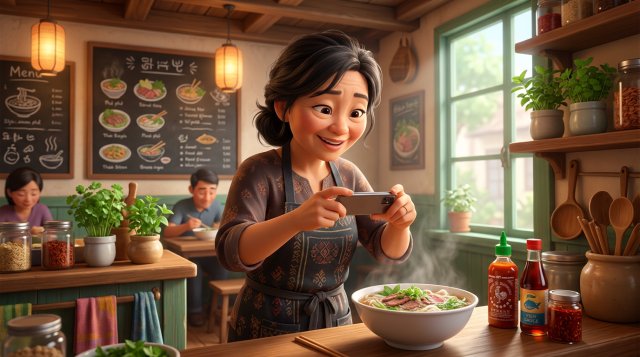 Chủ quán ăn Việt Nam đứng sau quầy, dùng điện thoại chụp tô phở nóng dưới ánh sáng tự nhiên để tự làm marketing cho quán