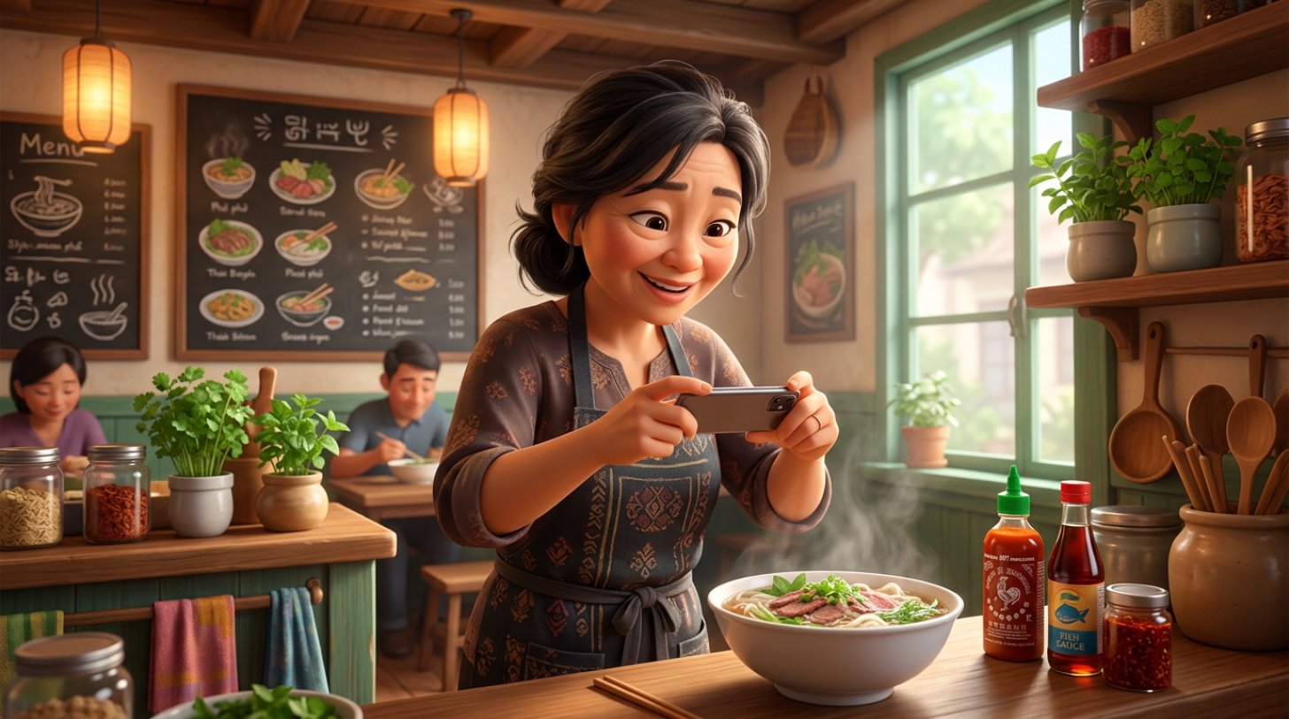 Chủ quán ăn Việt Nam đứng sau quầy, dùng điện thoại chụp tô phở nóng dưới ánh sáng tự nhiên để tự làm marketing cho quán