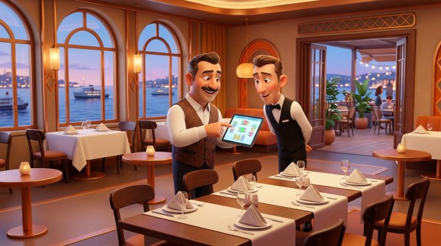 Akşam servisi öncesi restoran salonunda tabletteki masa planına birlikte bakan restoran işletmecisi ve şef garson illüstrasyonu