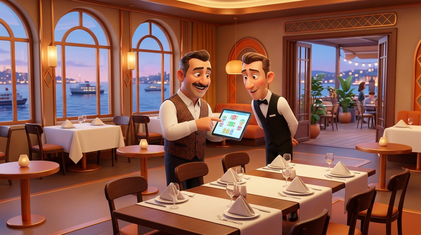 Akşam servisi öncesi restoran salonunda tabletteki masa planına birlikte bakan restoran işletmecisi ve şef garson illüstrasyonu