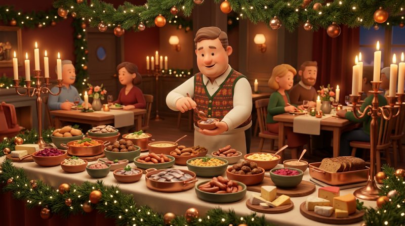 Illustration av ett svenskt julbord i restaurangmiljö där en servitör fyller på små uppläggningsfat, med granris och levande ljus som dekoration