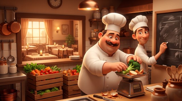 Kokk veier grønnsaksrester på en kjøkkenvekt mens en kollega noterer tallene på en tavle over matsvinn
