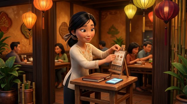Quản lý nhà hàng Việt Nam đặt bảng quy định đặt bàn cạnh sổ đặt bàn và điện thoại hiển thị mã QR tại quầy lễ tân