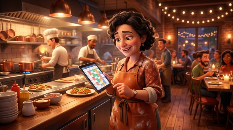 Restauranthoudster bekijkt op een tablet de goed gevulde reserveringsplanning van haar zaak