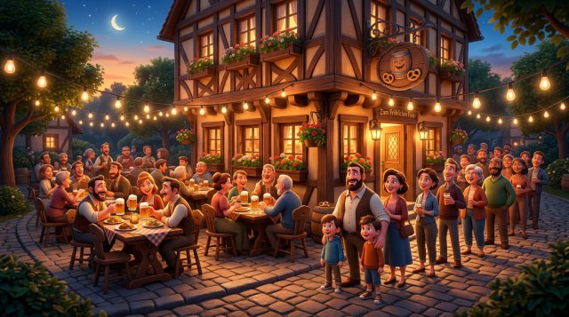Illustration eines belebten Gasthauses, vor dessen Terrasse sich eine Schlange fröhlicher Gäste bildet