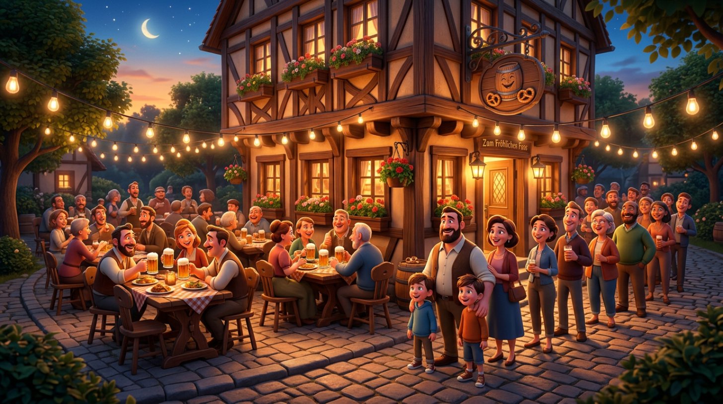 Illustration eines belebten Gasthauses, vor dessen Terrasse sich eine Schlange fröhlicher Gäste bildet