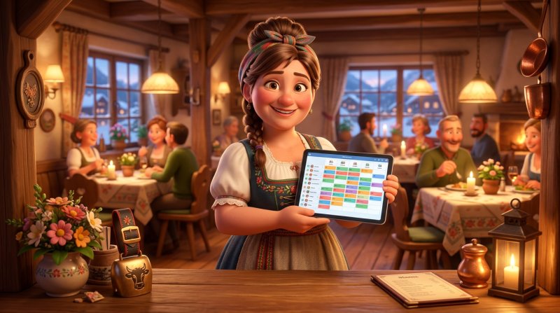 Wirtin prüft auf einem Tablet den gut gefüllten Reservierungsplan ihres Restaurants