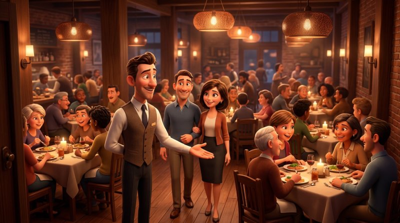 Volles Restaurant, in dem ein Oberkellner die Platzierung der Gäste dirigiert