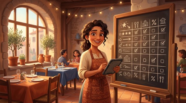 Restauradora sonriente con una tablet frente a una pizarra con una tabla comparativa dibujada a mano en la sala de su restaurante