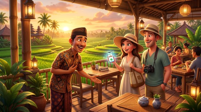 Ilustrasi 3D pelayan restoran menyambut pasangan turis asing berkamera di teras restoran tropis dengan pemandangan sawah