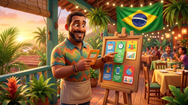 Restaurador brasileiro comparando sistemas de reserva apresentados como cartões coloridos num quadro, na varanda de um restaurante tropical