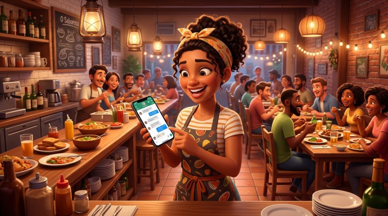 Garçonete brasileira atrás do balcão gerenciando reservas de mesa pelo celular enquanto clientes jantam ao fundo
