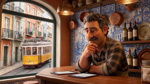 Dono de restaurante pensativo ao balcão de um restaurante lisboeta com azulejos, a comparar sistemas de reserva num tablet enquanto um elétrico amarelo passa na rua