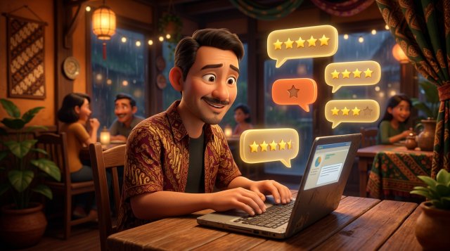 Ilustrasi 3D pemilik restoran Indonesia duduk di meja kafe sambil mengetik balasan ulasan di laptop, dikelilingi gelembung percakapan berisi rating bintang lima emas dan satu bintang oranye