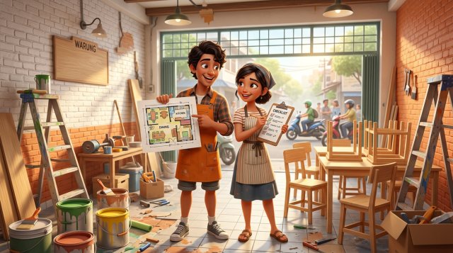 Ilustrasi 3D pasangan calon pemilik restoran memegang denah dan checklist di dalam ruko yang sedang direnovasi menjadi restoran