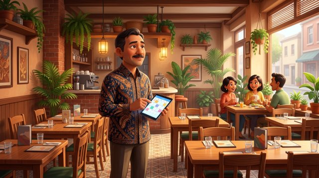 Ilustrasi 3D pemilik restoran yang memegang tablet berisi kalender sambil memandang ruang makan yang setengah kosong pada sore hari kerja