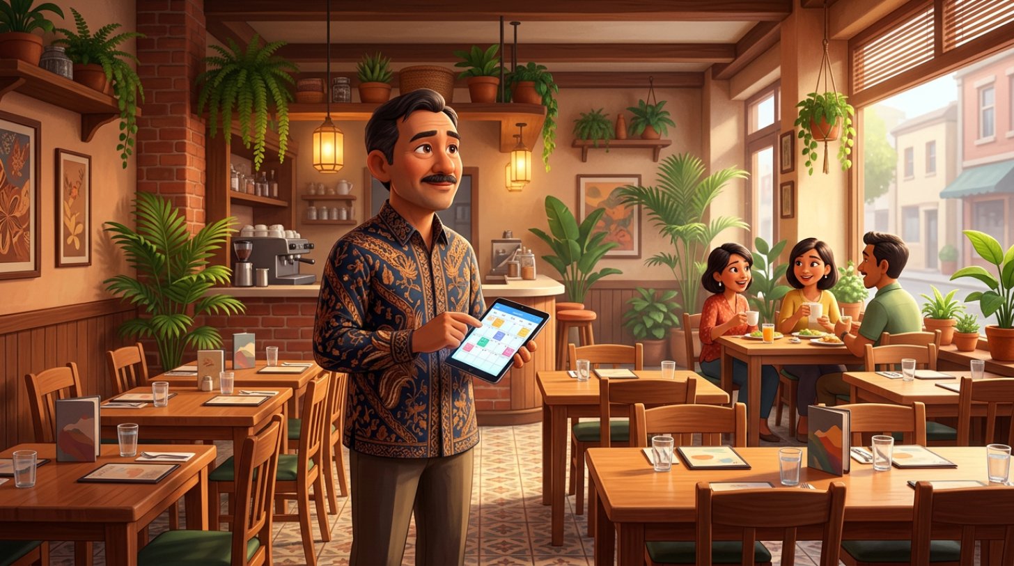 Ilustrasi 3D pemilik restoran yang memegang tablet berisi kalender sambil memandang ruang makan yang setengah kosong pada sore hari kerja