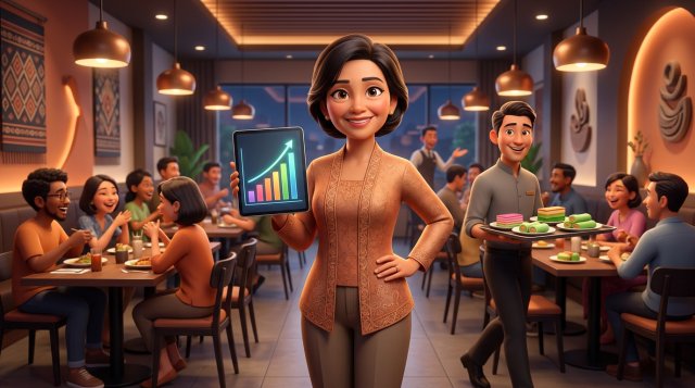 Ilustrasi 3D pemilik restoran memegang tablet dengan grafik batang yang menanjak di tengah ruang makan yang penuh tamu
