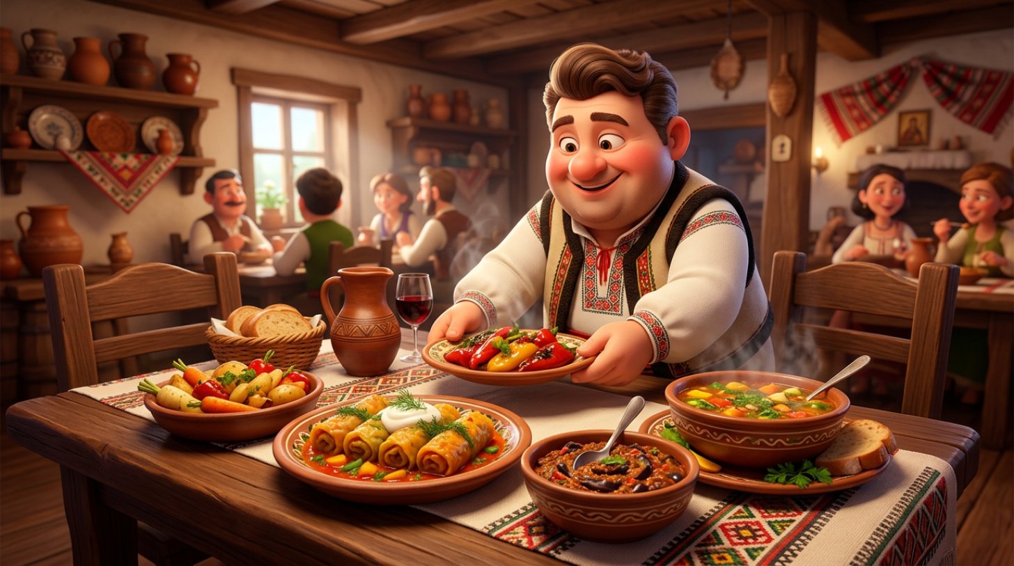 Masă de restaurant românesc plină cu preparate de post: sarmale în frunze de varză, zacuscă de vinete și ciorbă de legume aburindă, aranjate de un ospătar zâmbitor