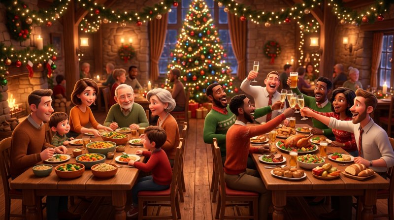 Sală de restaurant decorată de sărbători, cu o masă festivă de colegi de birou care ciocnesc pahare și, alături, o masă liniștită cu preparate din legume