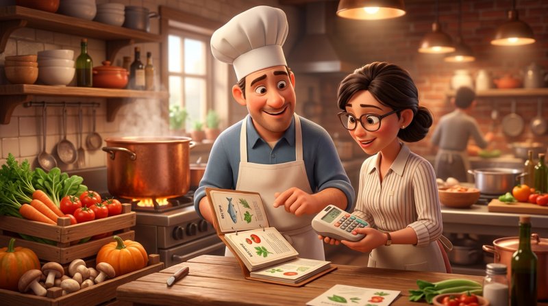 Cocinero y gestora de restaurante revisando fichas de recetas y calculadora en la cocina, con cajas de verduras de temporada y una olla grande al fondo