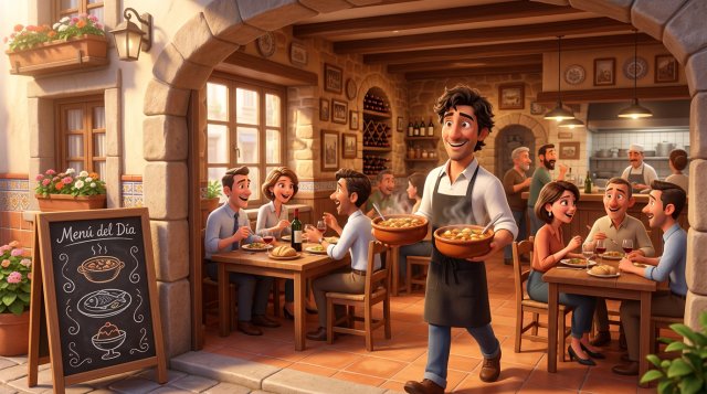 Ilustración de un restaurante español a mediodía con una pizarra de menú del día en la entrada y un camarero llevando platos de cuchara a las mesas