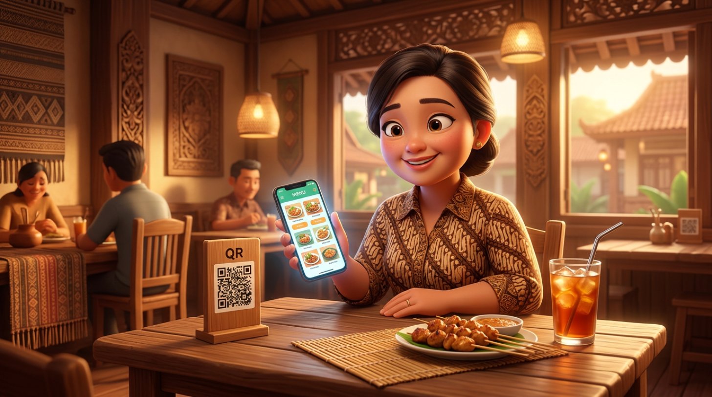 Ilustrasi 3D tamu restoran memindai kode QR di meja dengan smartphone yang menampilkan menu digital berisi foto hidangan