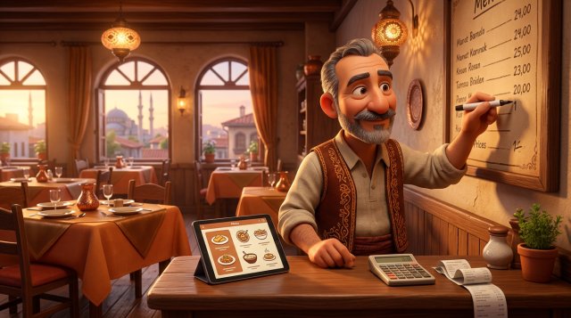 Tezgahındaki menü panosuna yeni fiyatları yazan düşünceli restoran işletmecisi, önünde hesap makinesi, tedarikçi fişleri ve dijital menü açık bir tablet
