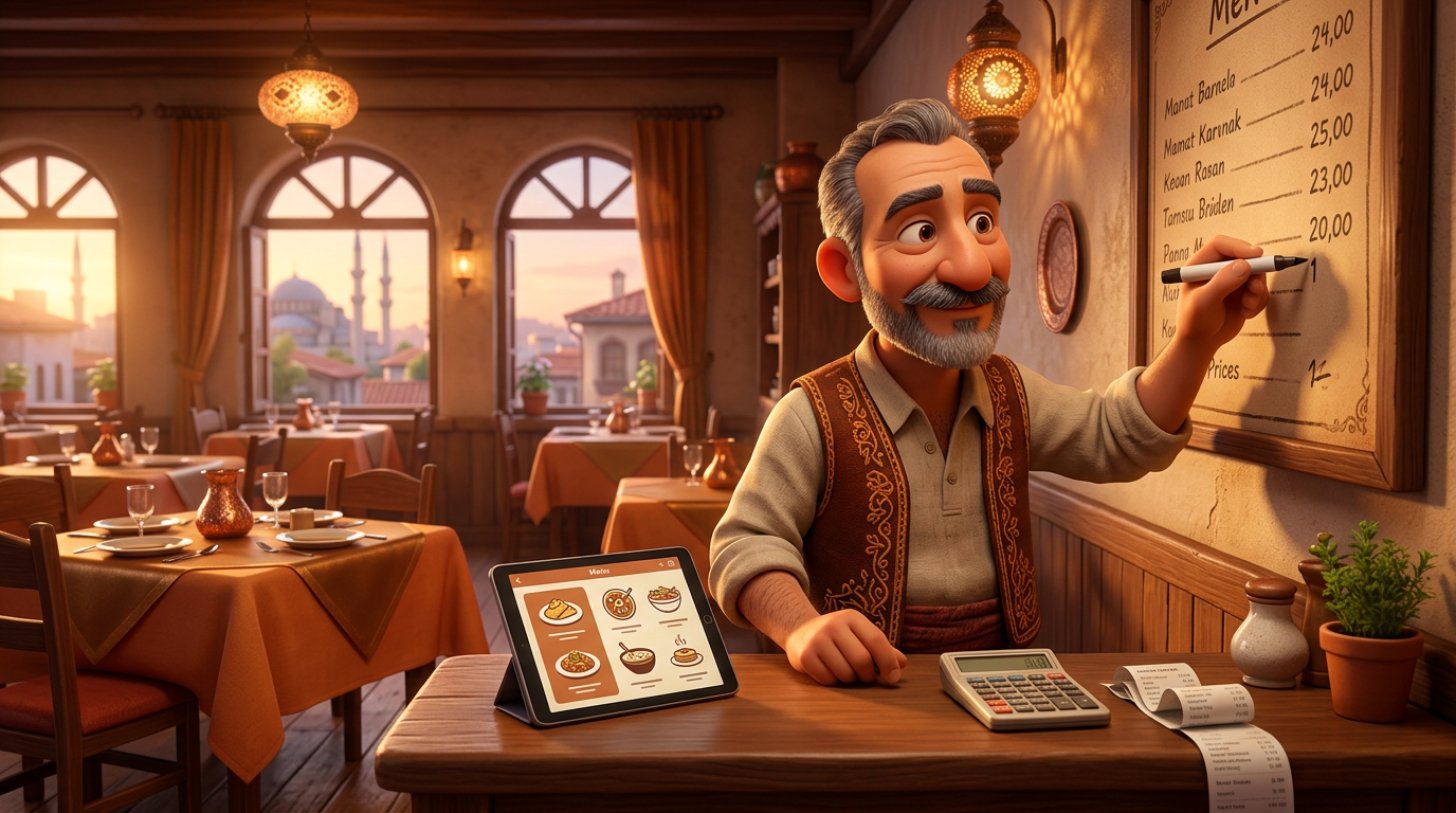 Tezgahındaki menü panosuna yeni fiyatları yazan düşünceli restoran işletmecisi, önünde hesap makinesi, tedarikçi fişleri ve dijital menü açık bir tablet