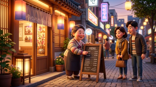 식당 입구 옆에 세워진 메뉴 가격 안내판을 정리하는 사장님과 메뉴판을 살펴보는 손님들 일러스트