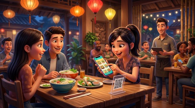 Thực khách dùng điện thoại quét mã QR trên bàn để xem thực đơn điện tử trong một nhà hàng Việt ấm cúng
