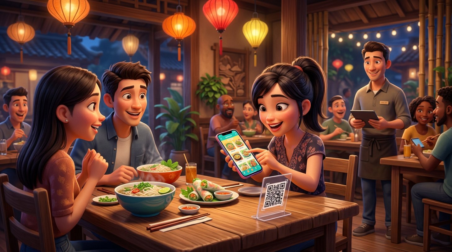 Thực khách dùng điện thoại quét mã QR trên bàn để xem thực đơn điện tử trong một nhà hàng Việt ấm cúng
