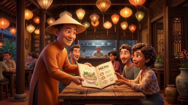 Chủ nhà hàng Việt Nam trao menu song ngữ có hình bát phở cho nhóm khách du lịch quốc tế trong không gian quán ấm áp kiểu Hội An