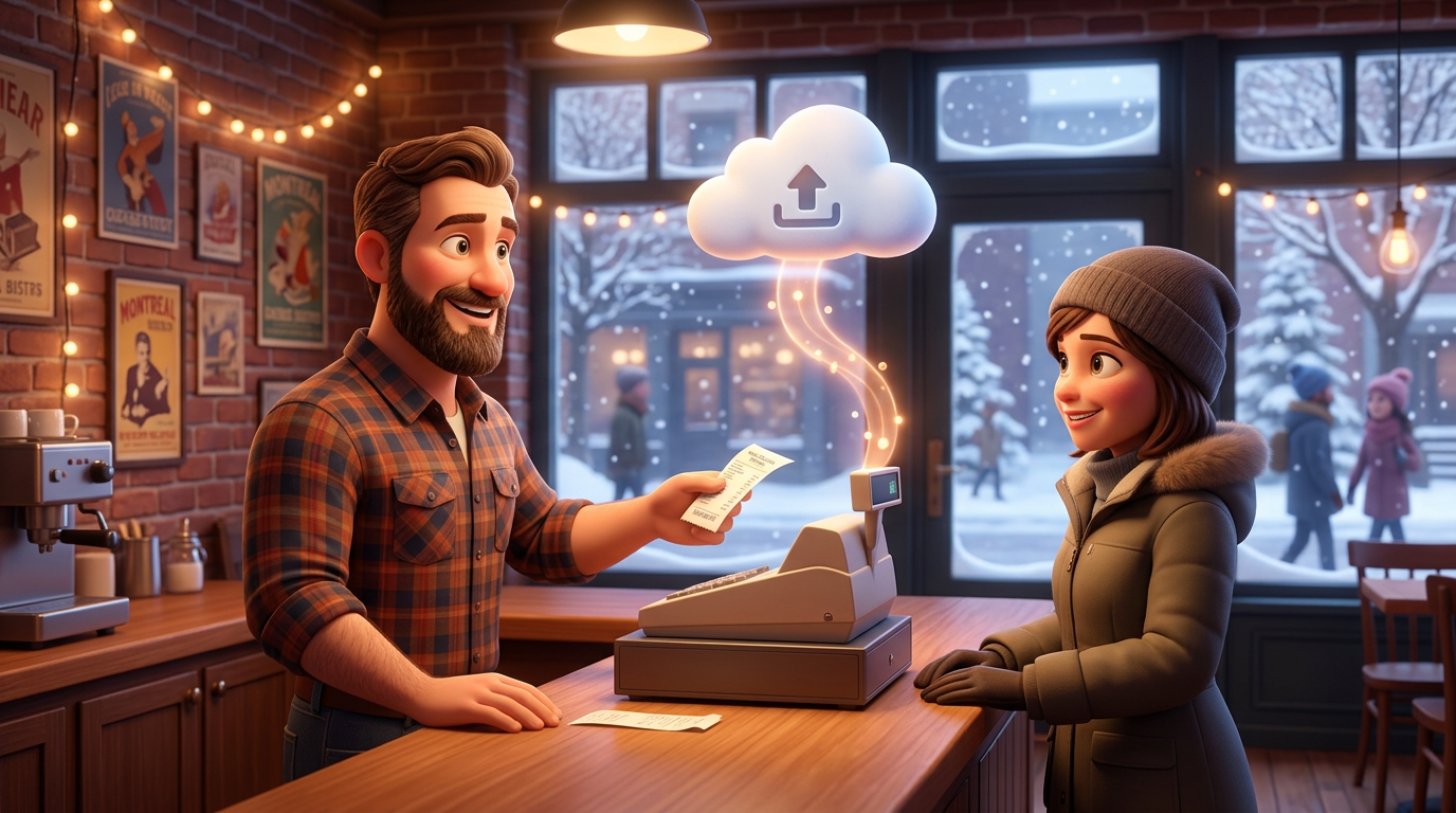 Restaurateur québécois remettant une facture à une cliente à la caisse de son bistro, avec un nuage stylisé symbolisant la transmission des données de vente