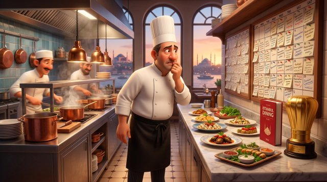 Beyaz ceketli bir şefin, mermer tezgahındaki kırmızı rehber kitabının yanında, rezervasyon notlarıyla dolup taşan duvar takvimine endişeyle baktığı şık bir İstanbul restoranı mutfağı
