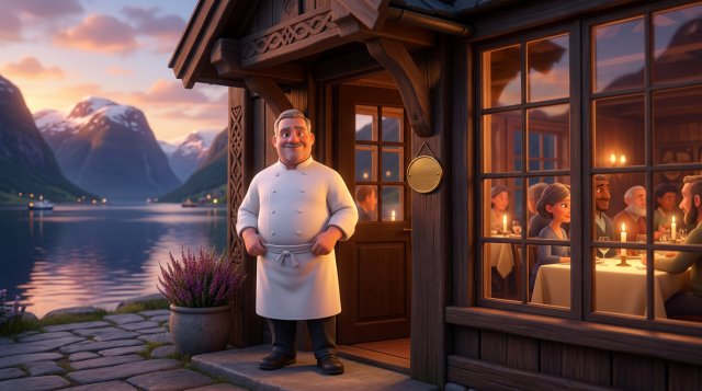 Stolt kokk i hvit kokkejakke foran inngangen til en elegant fjordrestaurant med messingplakett ved døren og opplyste bord innenfor