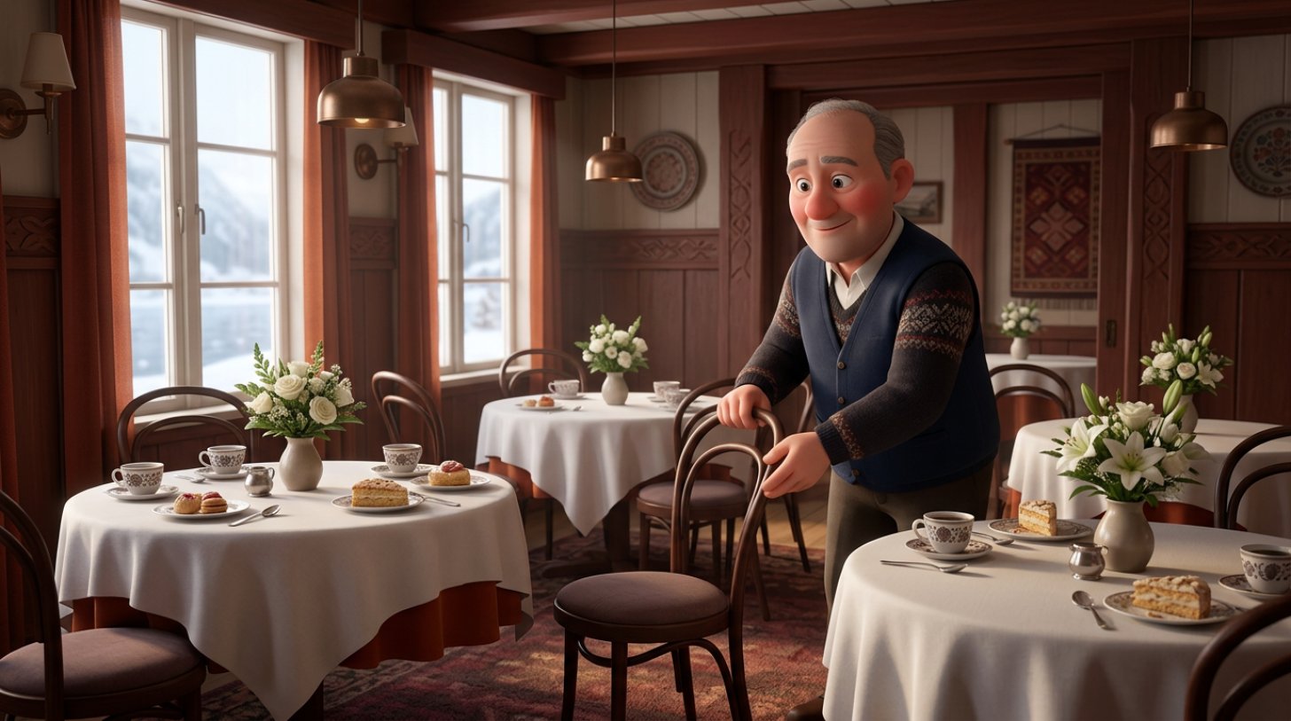 Stille, lyst selskapsrom i en restaurant dekket med hvit duk, kaffekopper og blomster til en minnestund