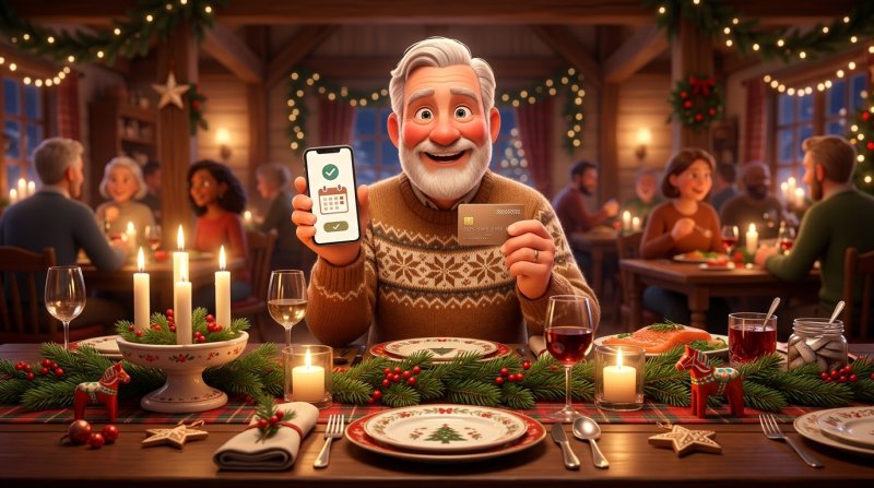Gäst visar bokningsbekräftelse i mobilen med kreditkort bredvid ett dukat julbord med granris och levande ljus