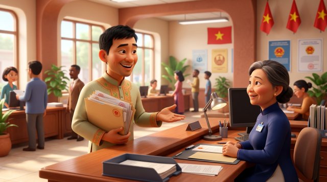 Chủ nhà hàng cầm tập hồ sơ giấy tờ nộp tại quầy cơ quan hành chính, nhân viên tiếp nhận phía sau quầy