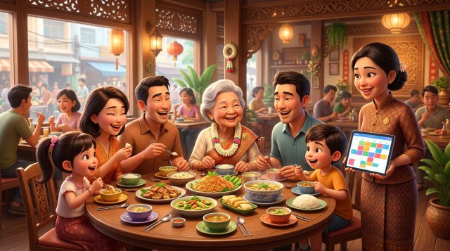 ครอบครัวไทยสามรุ่นนั่งล้อมโต๊ะกลมในร้านอาหาร คุณยายสวมพวงมาลัยดอกมะลิ ขณะเจ้าของร้านยืนถือแท็บเล็ตแสดงปฏิทินการจองที่เต็มทุกช่อง
