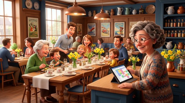 Illustration of a British restaurant dining room set for Mothering Sunday lunch, a multi-generational family being seated at a long table with daffodils while the owner checks a fully booked planner on a tablet