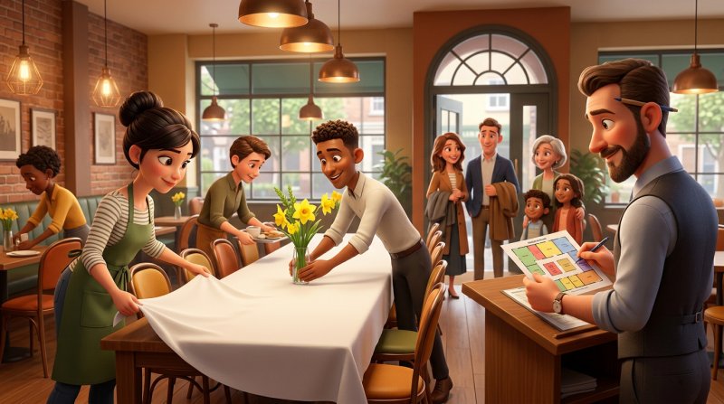 Restaurant staff resetting a long table between two Mothering Sunday lunch sittings while a manager checks a floor plan with two colour-coded seating times