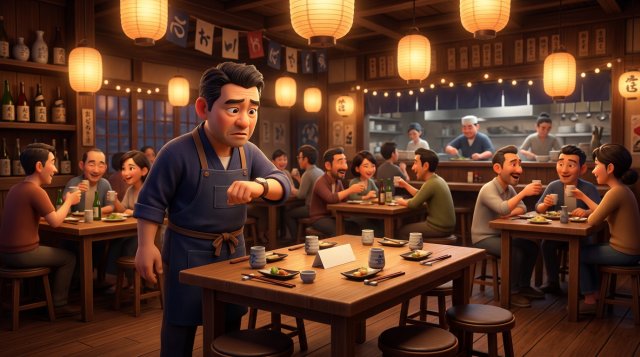 誰も来ない予約席を見つめる飲食店店主と、空いたままのテーブルのイラスト